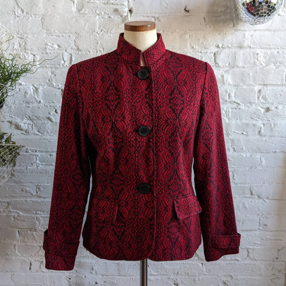 Vintage Jackets & Blazers - Retro 70s Red Wool Tapestry Blazer Chic Dark Academia Whimsygoth Overcoat Jacket